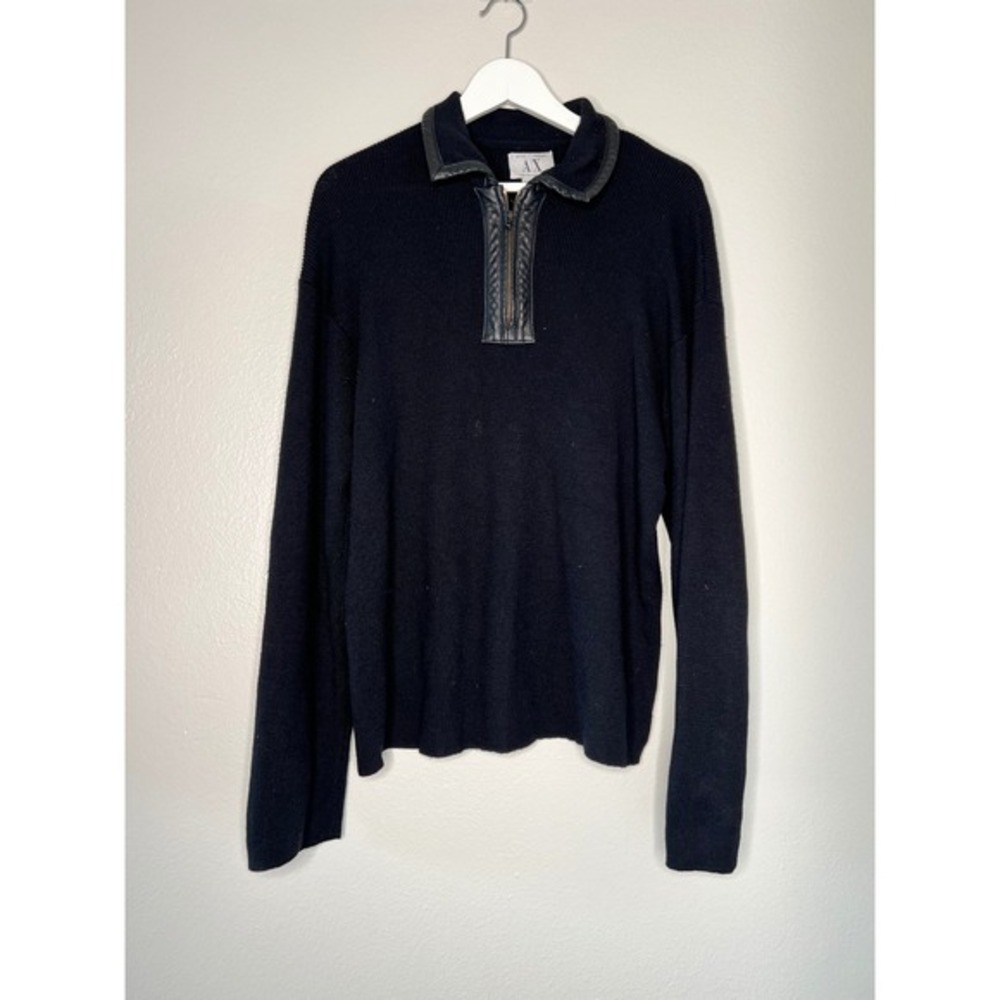 Armani Exchange Mens Merino Wool Quarter Zip Sweater Leather‎ Trim Black Large L